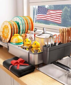 Large Sink Dish Strainer with Dish Drying Mat and Utensil Holder