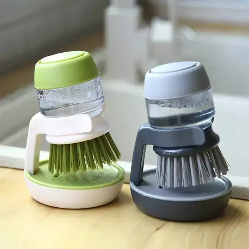 Wholesale-kitchen-supplies-2-in-1-liquid-soap-dispensing-dish-scrubber-cleaning-plam-brush-stainless-steel